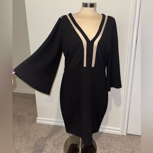 Flared Sleeve Black Dress with Deep V-Neck